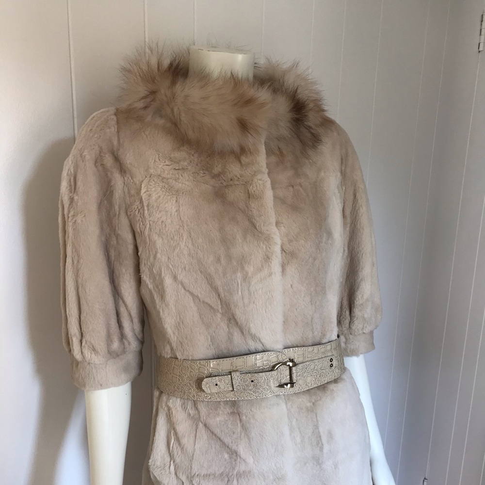 Genuine Rabbit Fur Coat with Fox Trim Size 38